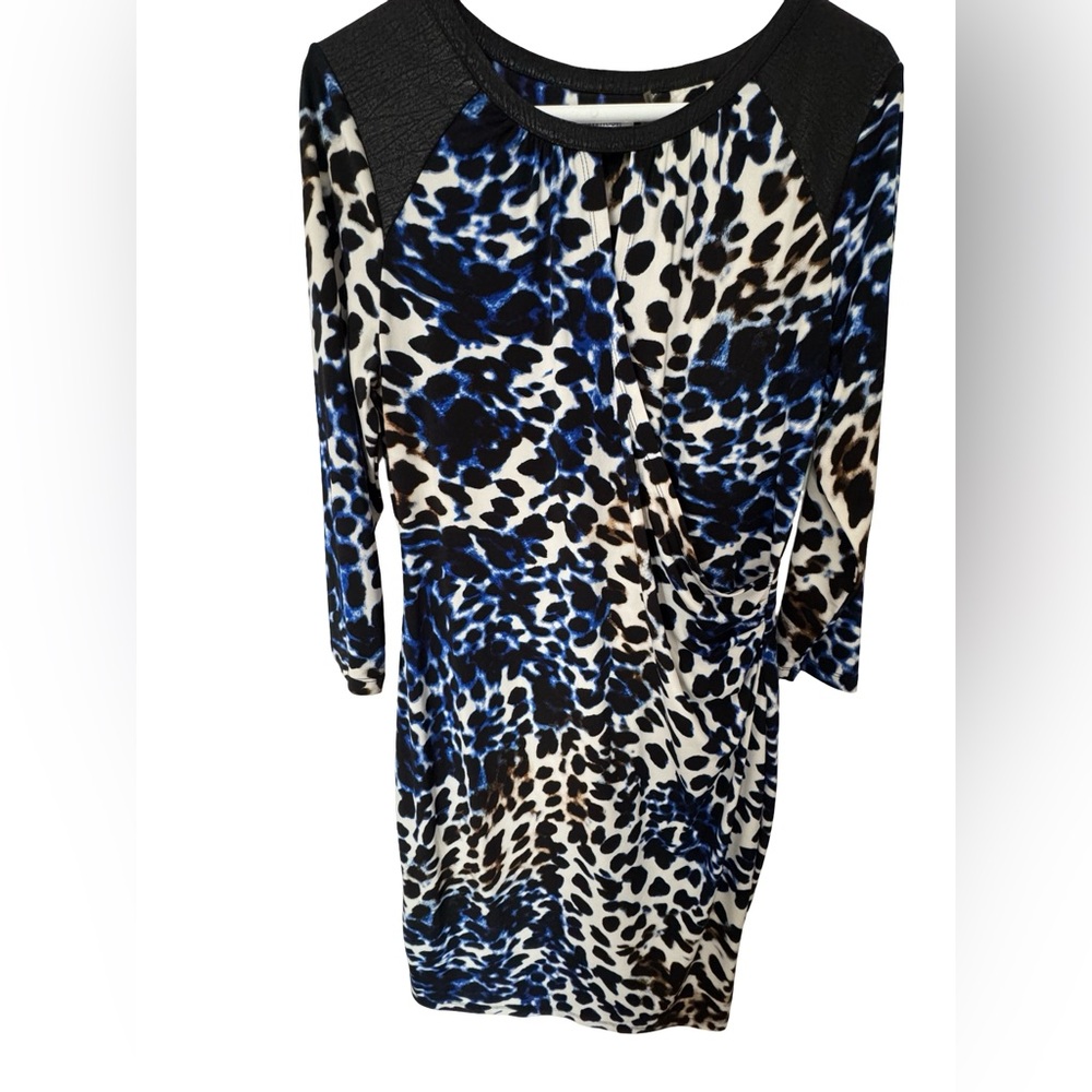 Calvin Klein Cheetah Wrap Dress Women's Large Blue Yellow Cocktail EUC - Picture 9 of 12